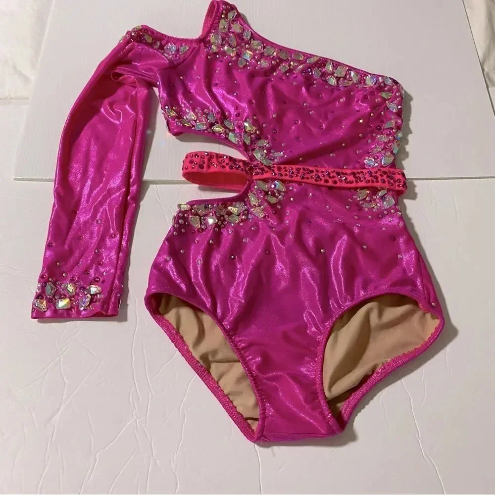 Glamour solo dance costume hot pink sassy contemporary jazz bling SA-Small adult